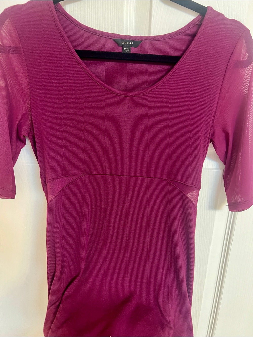 GUESS Women's Magenta Scoop Neck Top with Sheer Half Sleeves